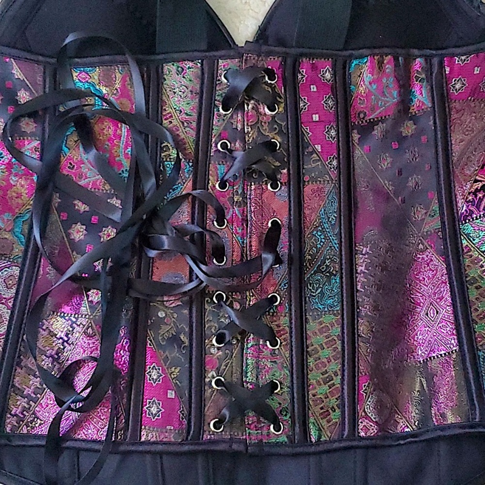 Multi Colored Side Zip Corset Top with Tie Back - Picture 4 of 7